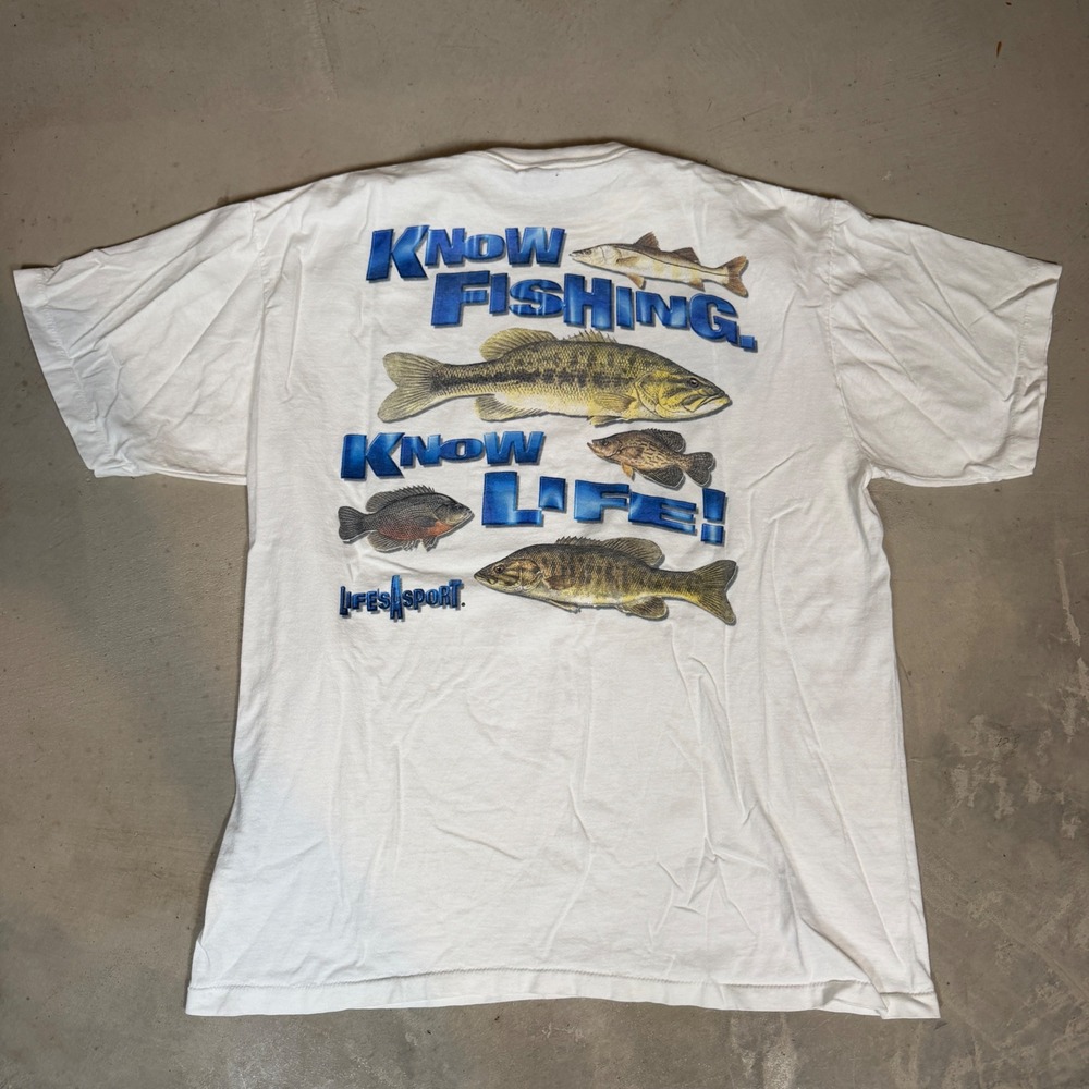 Vintage Life is Sport Know Fishing Know Life Graphic T-Shirt White Mens XL USA